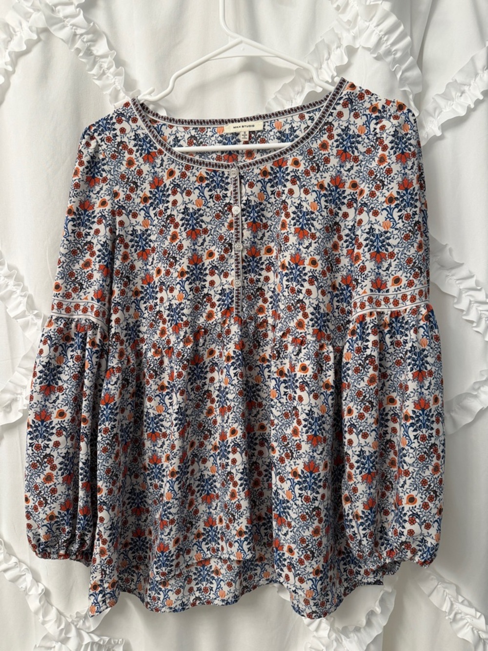 Max Studio Floral Pintuck Peasant Blouse - Navy & Rust